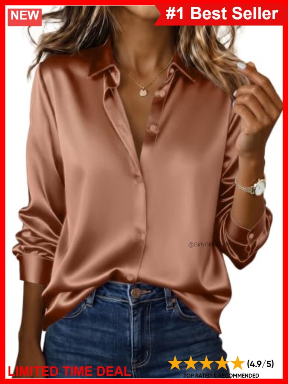 Satin Silk Button Down Blouse Long Sleeve V-Neck Loose Fit Office Top